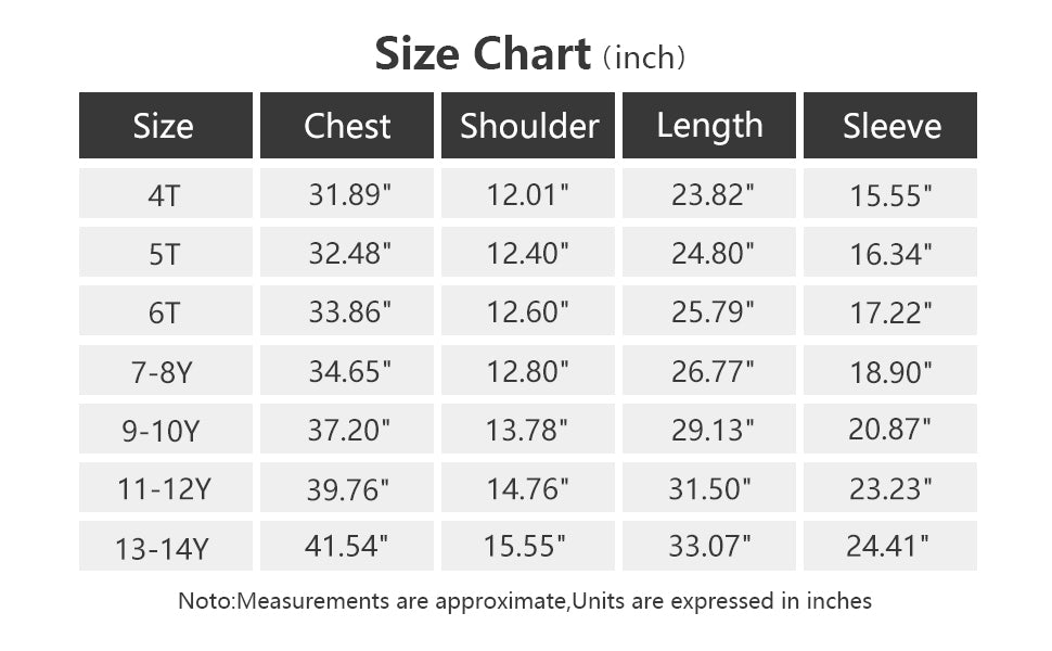 size chart (cm/inches) for MOERDENG girls long waterproof hooded winter parka