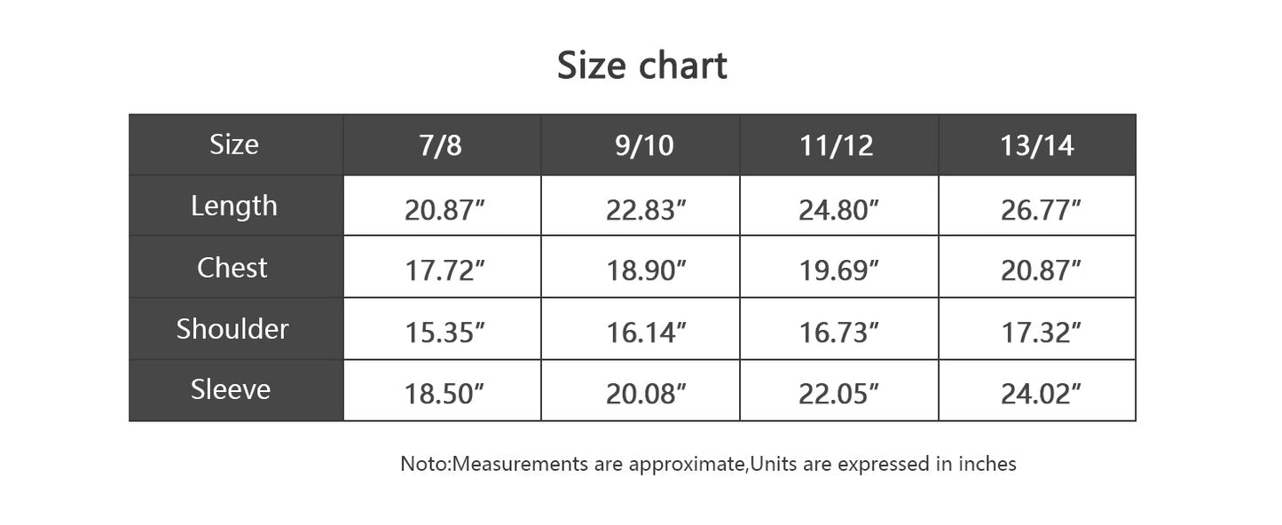 size chart (cm/inches) for MOERDENG boys girls waterproof fleece ski snowboarding jacket