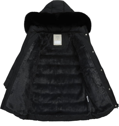 MOERDENG girls winter coat removable faux-fur trim on fleece-lined hood