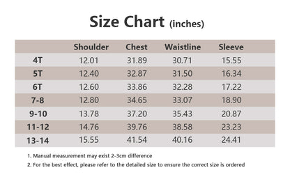 size chart (cm/inches) for MOERDENG girls warm hooded long winter puffer jacket
