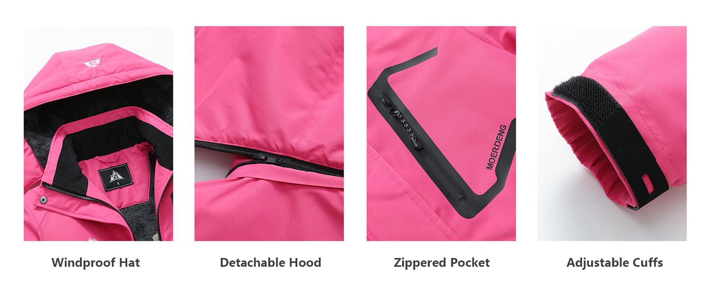 MOERDENG Women's Ski Jacket Waterproof Winter Coat Hooded Snowboarding Jacket Warm Winter Jacket