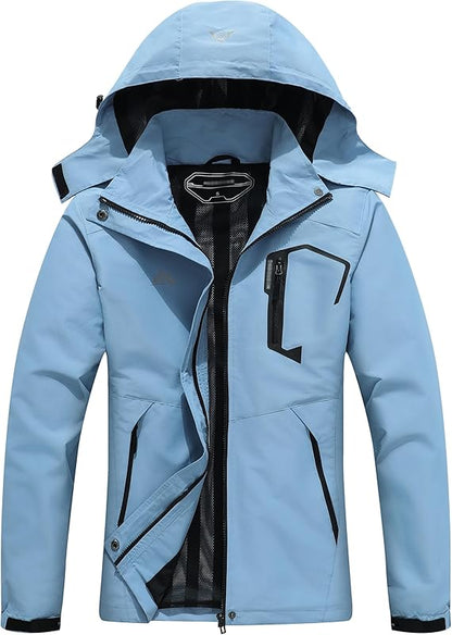 Women's Waterproof Lightweight Rain Jacket Windproof Breathable Trench Coat Detachable Hood Raincoats Outdoor Hiking Jacket