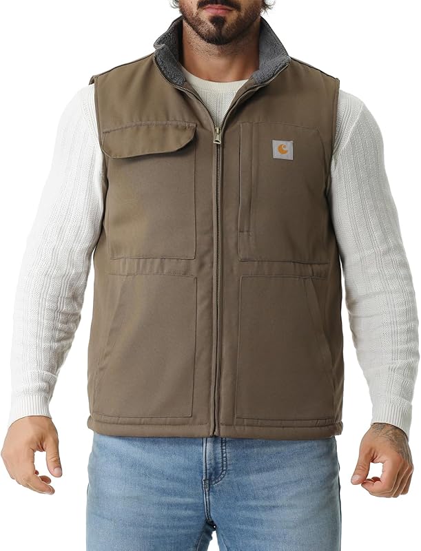 Men's Loose Fit Washed Duck Fleece-Lined Waterproof Workwear Mock-Neck Vest