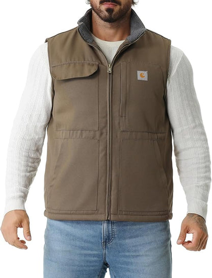 Men's Loose Fit Washed Duck Fleece-Lined Waterproof Workwear Mock-Neck Vest