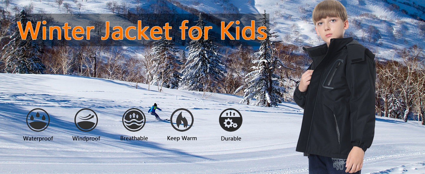 Kid's Ski Jacket Waterproof Winter Coat Boy's and Girl's Fleece Snowboarding Jackets with Detachable Hood