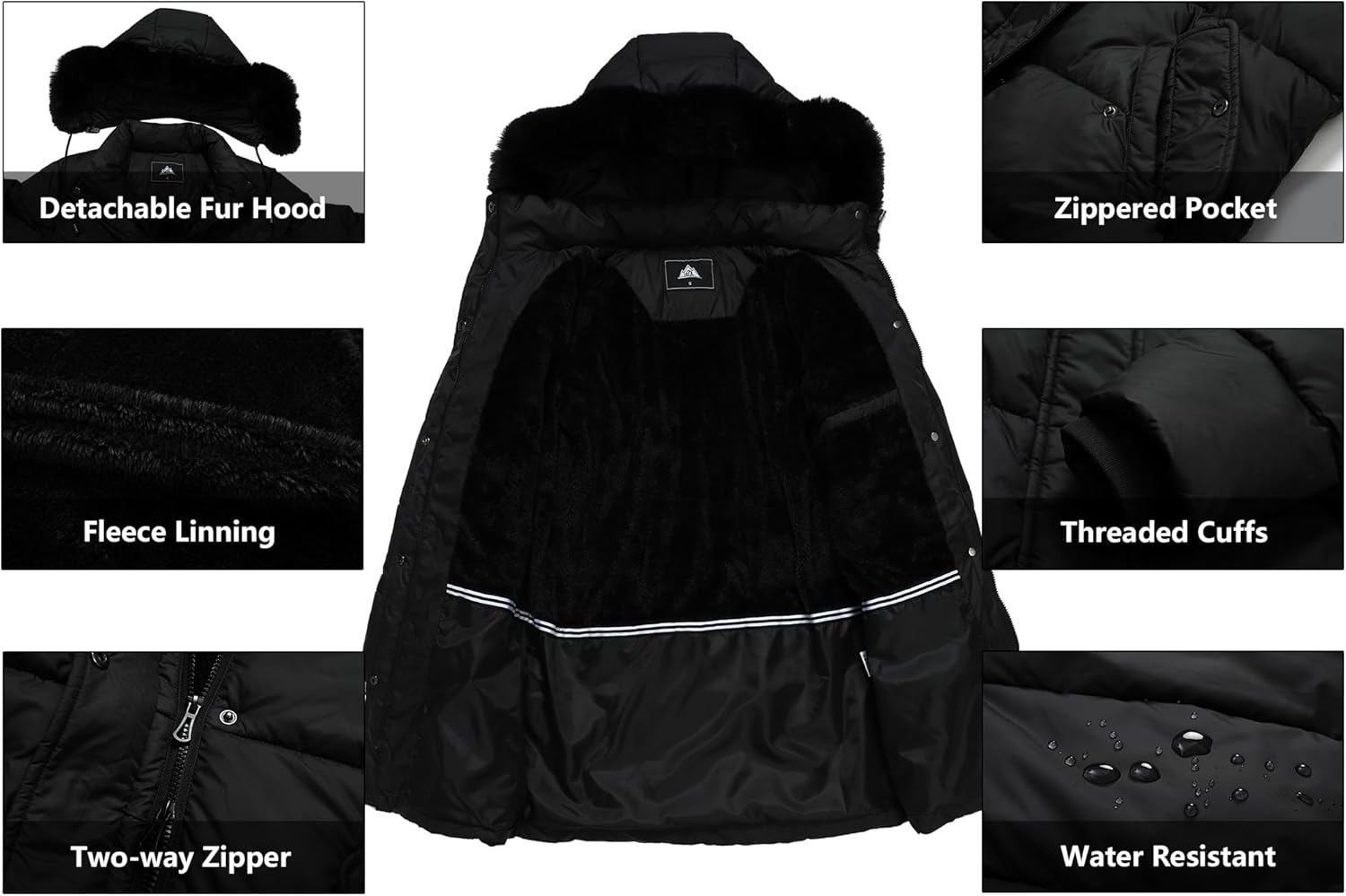 sealed waterproof zippers of MOERDENG womens warm winter jacket to prevent snow and moisture intrusion
