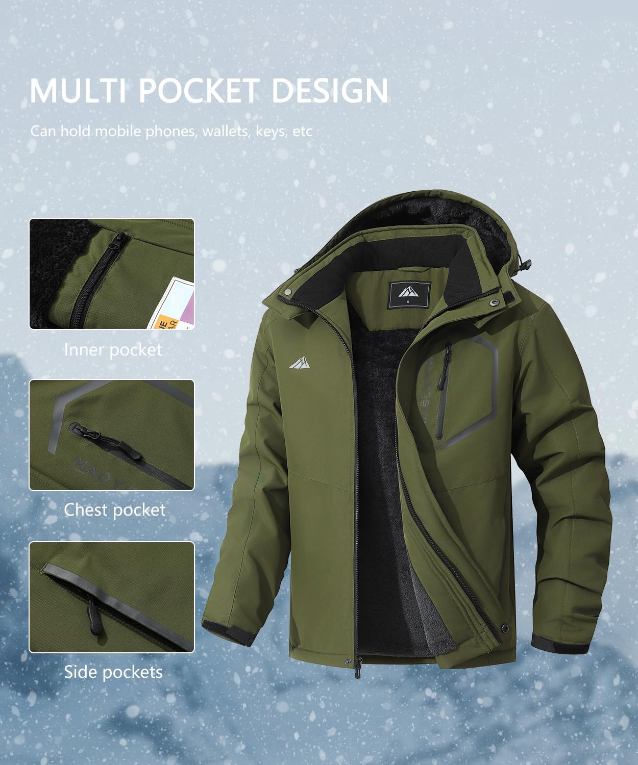 Men's Mountain Ski Jacket Winter Snow Coats Waterproof Warm Fleece Lining Jacket Parka with Hooded