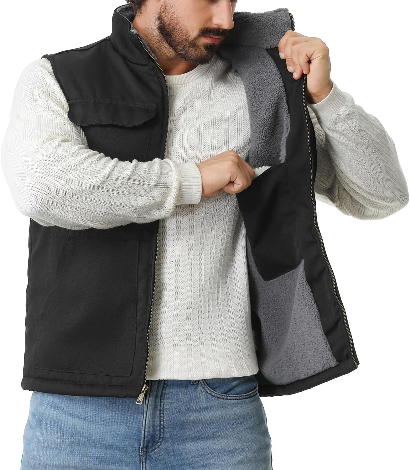 Men's Loose Fit Washed Duck Fleece-Lined Waterproof Workwear Mock-Neck Vest