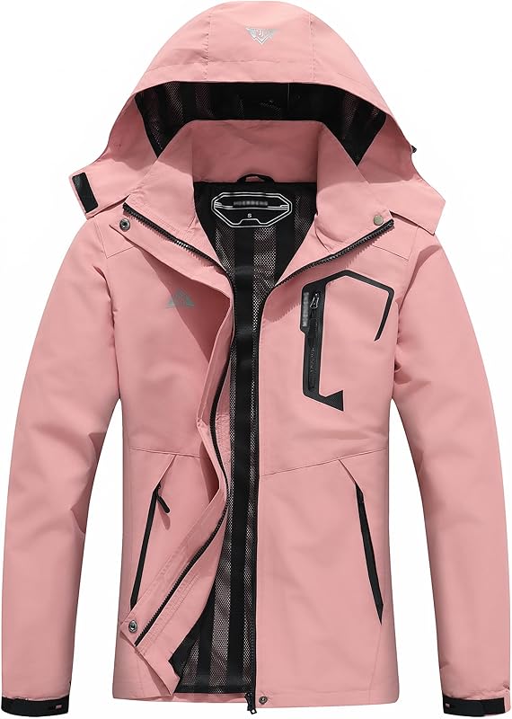 Women's Waterproof Lightweight Rain Jacket Windproof Breathable Trench Coat Detachable Hood Raincoats Outdoor Hiking Jacket
