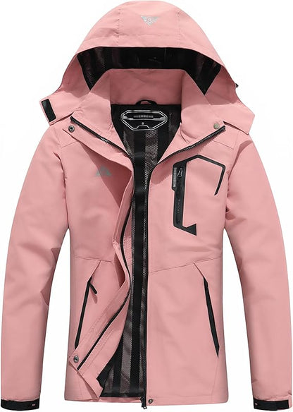 Women's Waterproof Lightweight Rain Jacket Windproof Breathable Trench Coat Detachable Hood Raincoats Outdoor Hiking Jacket