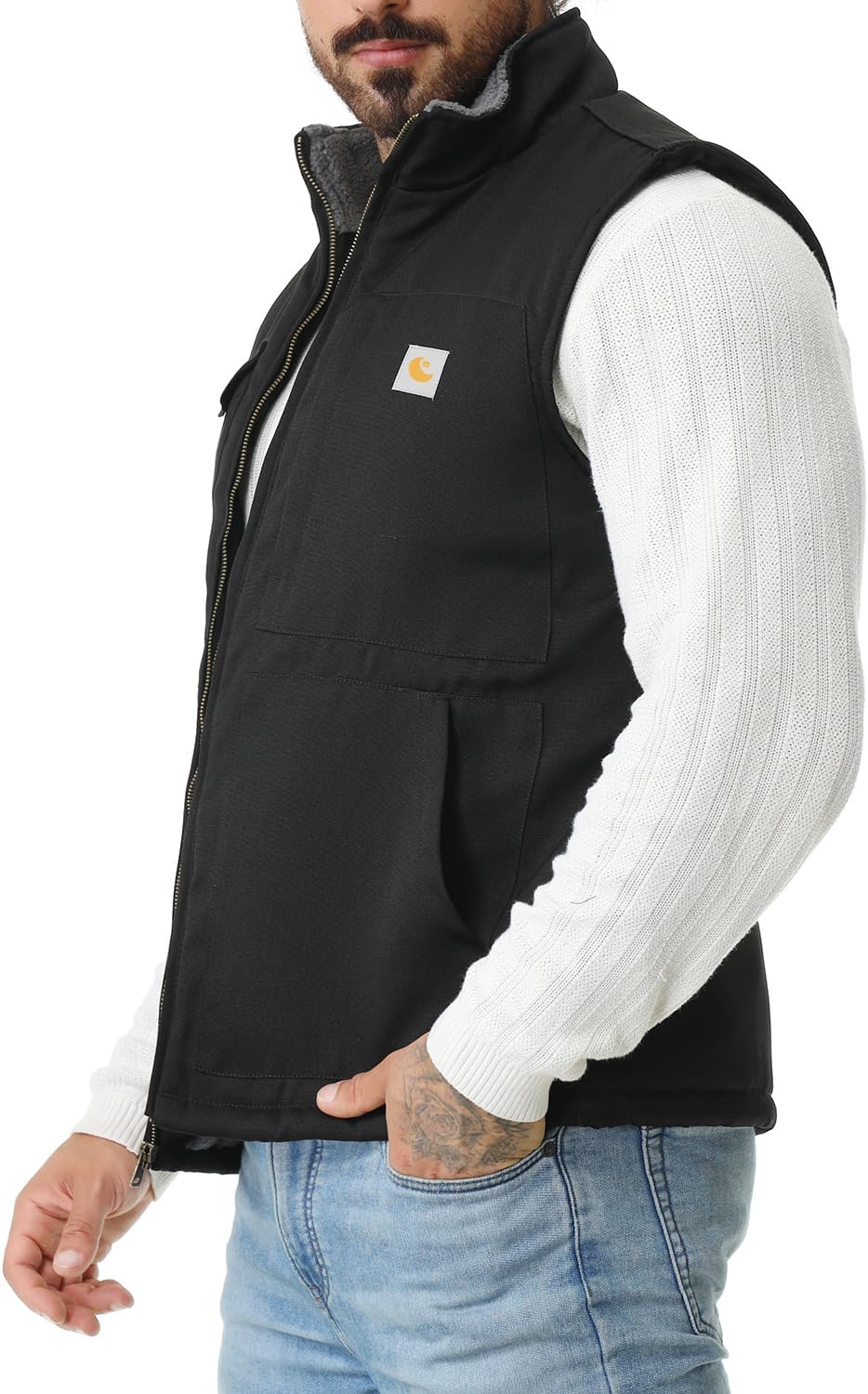 Men's Loose Fit Washed Duck Fleece-Lined Waterproof Workwear Mock-Neck Vest