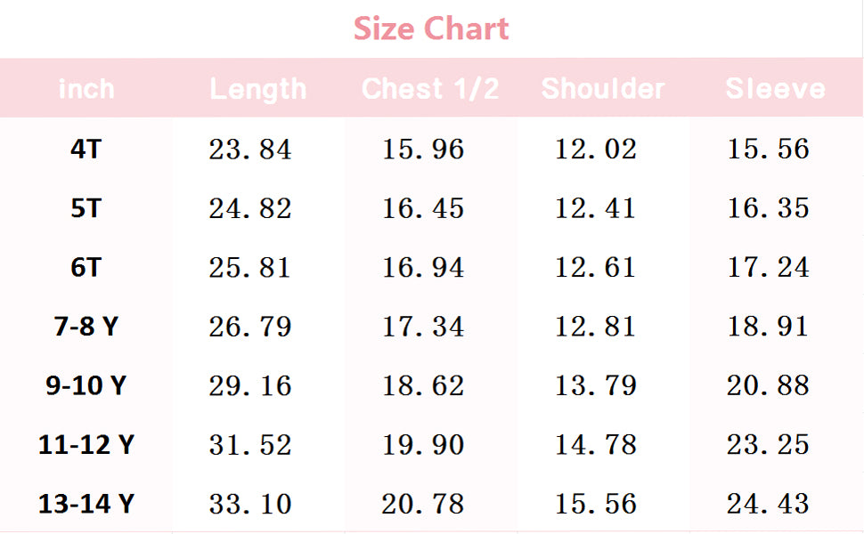 size guide (cm/inches) for MOERDENG girls long waterproof warm puffer winter jacket