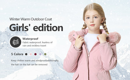 vibrant pink colorway of MOERDENG girls hooded puffer jacket for cute winter styling
