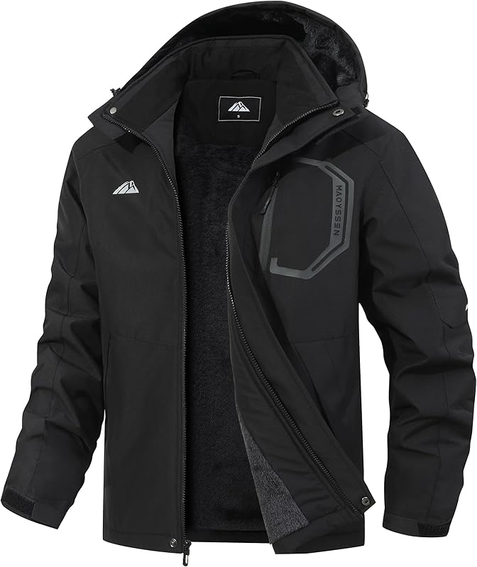 Men's Ski Jacket with Hooded Snowboarding Waterproof Fleece Lining Jacket Winter Coat Multi Pockets