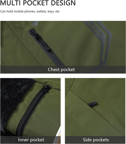 Men's Ski Jacket with Hooded Snowboarding Waterproof Fleece Lining Jacket Winter Coat Multi Pockets