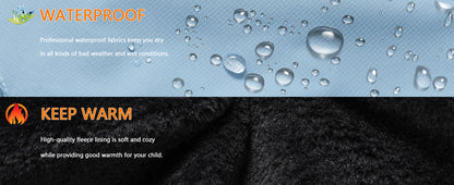 child-safe fabric tag of MOERDENG kids ski jacket (non-toxic and hypoallergenic materials)
