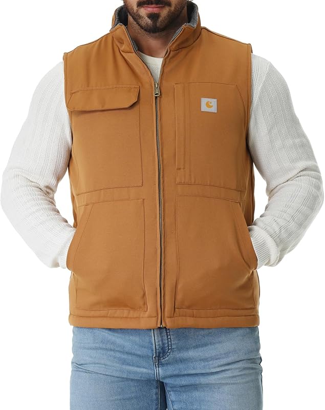 Men's Loose Fit Washed Duck Fleece-Lined Waterproof Workwear Mock-Neck Vest