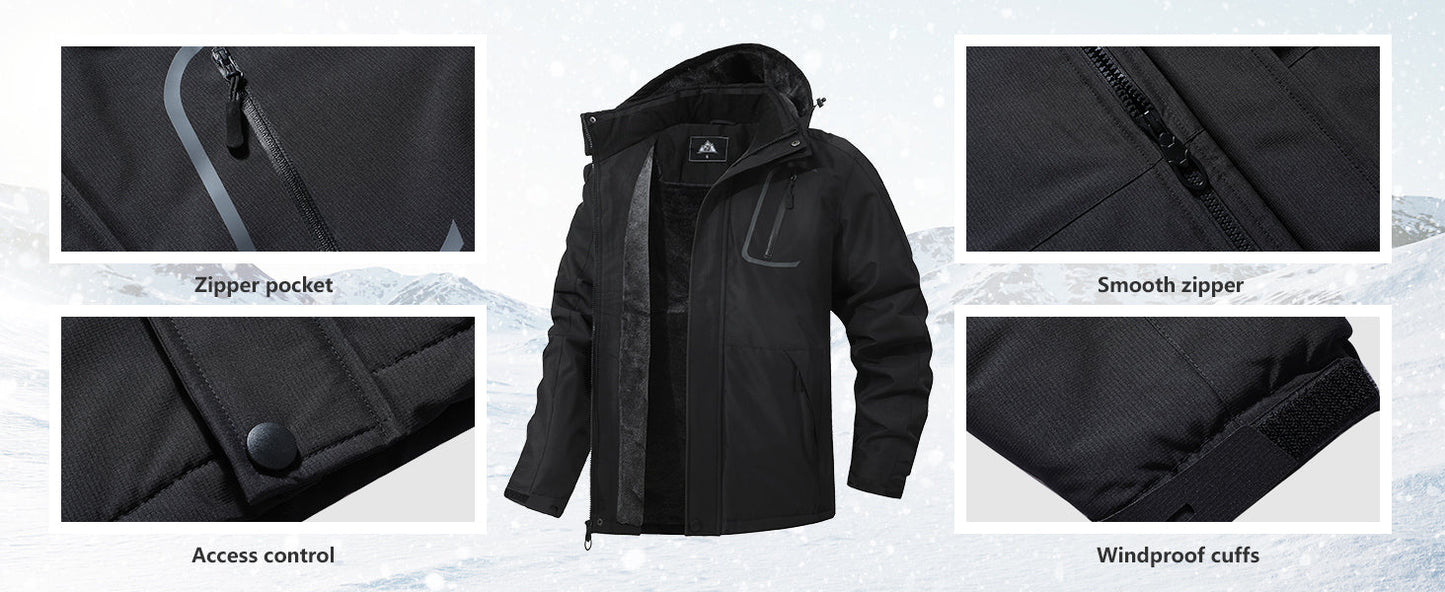 Men's Mountain Winter Coat Warm Fleece Ski Snow Jacket Waterproof Raincoat with Hood