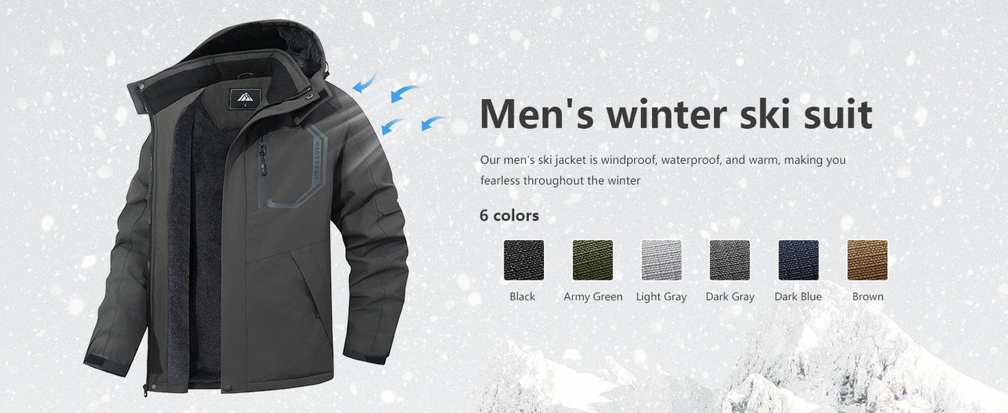 Men's Ski Jacket with Hooded Snowboarding Waterproof Fleece Lining Jacket Winter Coat Multi Pockets