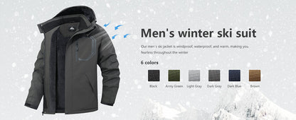Men's Ski Jacket with Hooded Snowboarding Waterproof Fleece Lining Jacket Winter Coat Multi Pockets