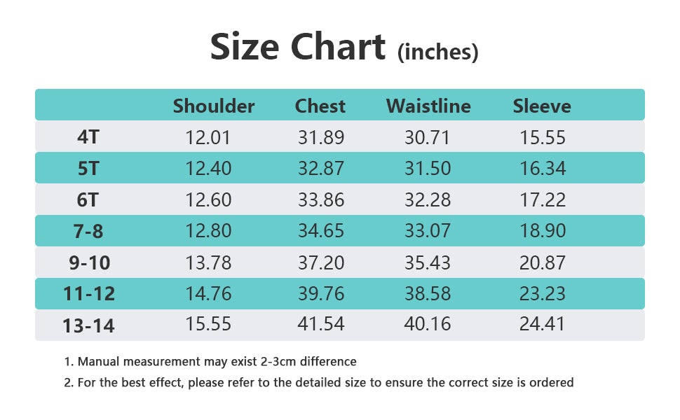 size chart (inches) for MOERDENG girls waterproof winter coat (4T-13-14)