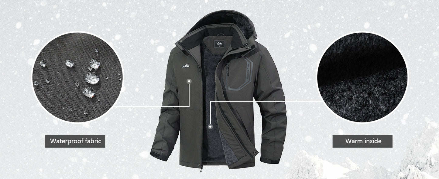 Men's Ski Jacket with Hooded Snowboarding Waterproof Fleece Lining Jacket Winter Coat Multi Pockets