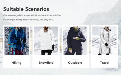 anti-abrasion hip panels of MOERDENG womens warm long down jacket for sitting on rocky hiking terrain
