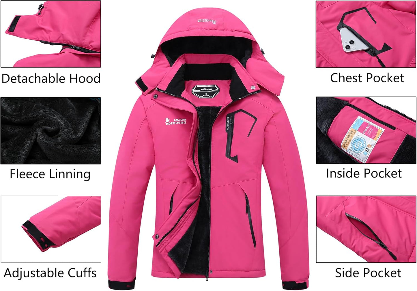 MOERDENG Women's Waterproof Ski Jacket Warm Winter Snow Coat Mountain Windbreaker Hooded Raincoat Jacket