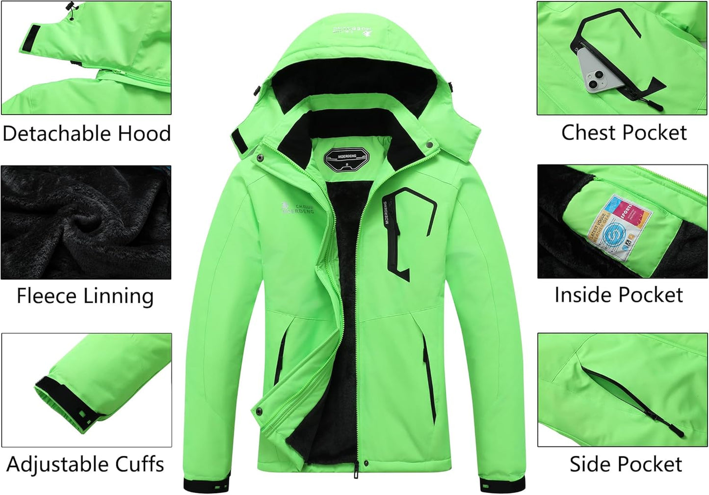 MOERDENG Women's Waterproof Ski Jacket Warm Winter Snow Coat Mountain Windbreaker Hooded Raincoat Jacket