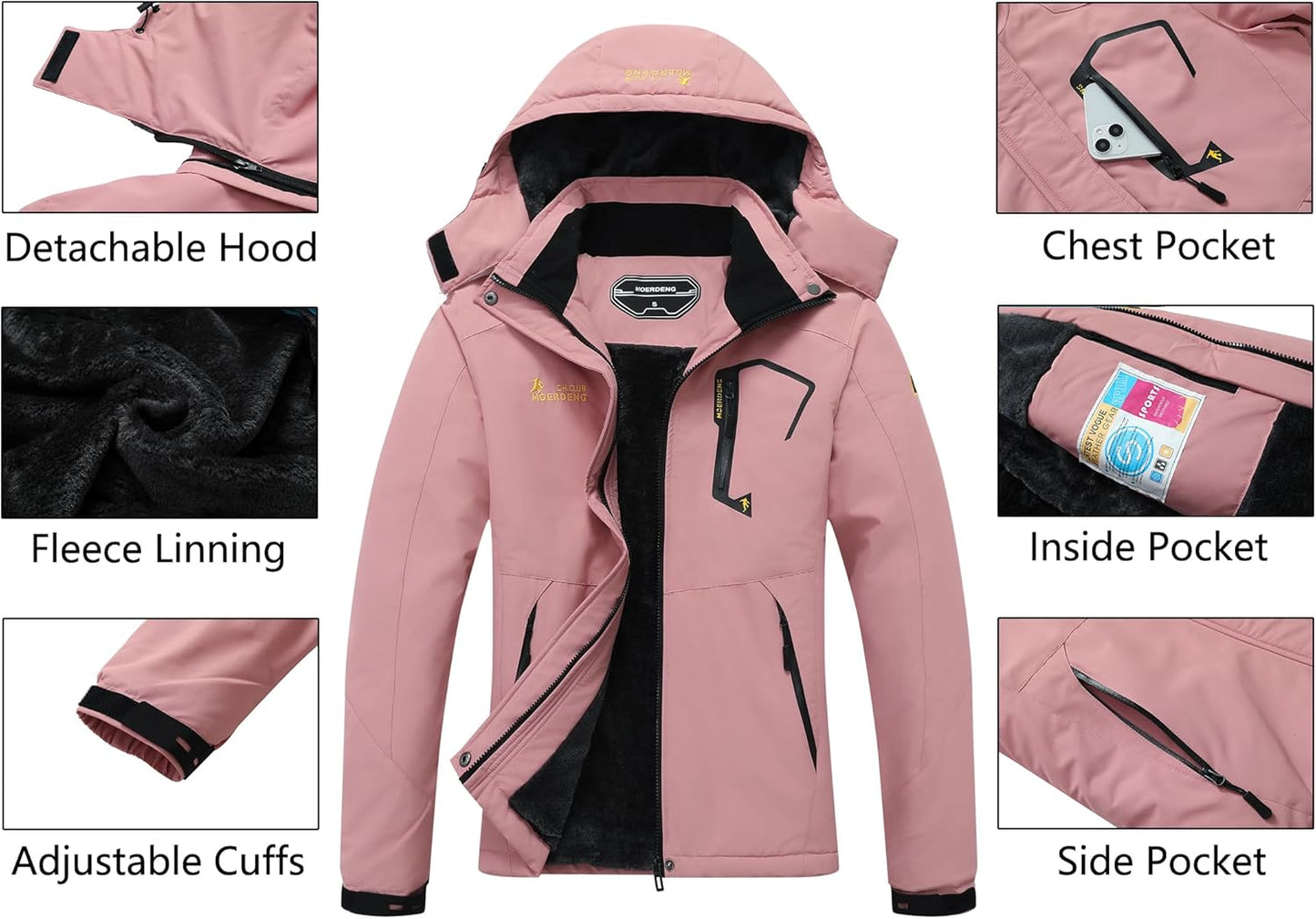 MOERDENG Women's Waterproof Ski Jacket Warm Winter Snow Coat Mountain Windbreaker Hooded Raincoat Jacket