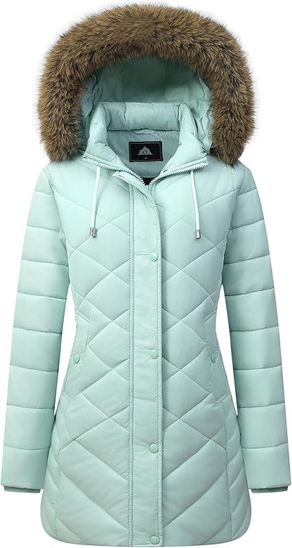 reinforced wear-resistant fabric panels of MOERDENG womens fleece-lined down jacket for long-term durability
