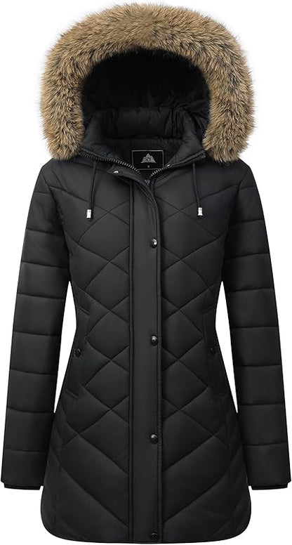 multi-layered down filling of MOERDENG womens fleece-lined parka for sub-zero temperature protection
