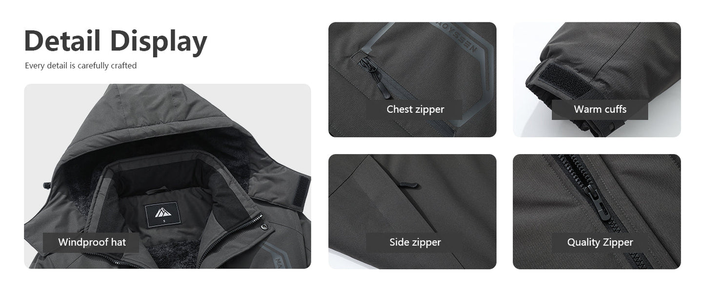 Men's Ski Jacket with Hooded Snowboarding Waterproof Fleece Lining Jacket Winter Coat Multi Pockets