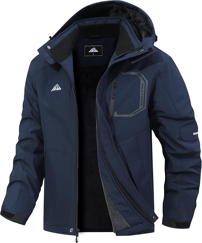 Men's Ski Jacket with Hooded Snowboarding Waterproof Fleece Lining Jacket Winter Coat Multi Pockets