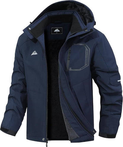 Men's Ski Jacket with Hooded Snowboarding Waterproof Fleece Lining Jacket Winter Coat Multi Pockets