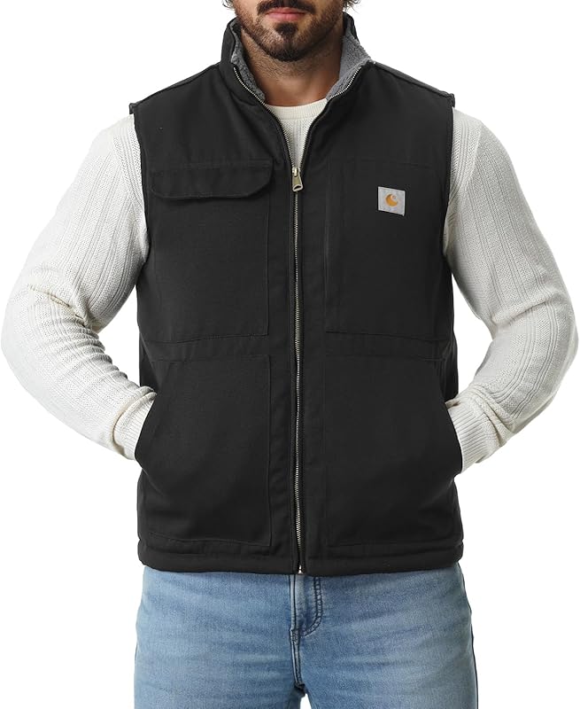 Men's Loose Fit Washed Duck Fleece-Lined Waterproof Workwear Mock-Neck Vest