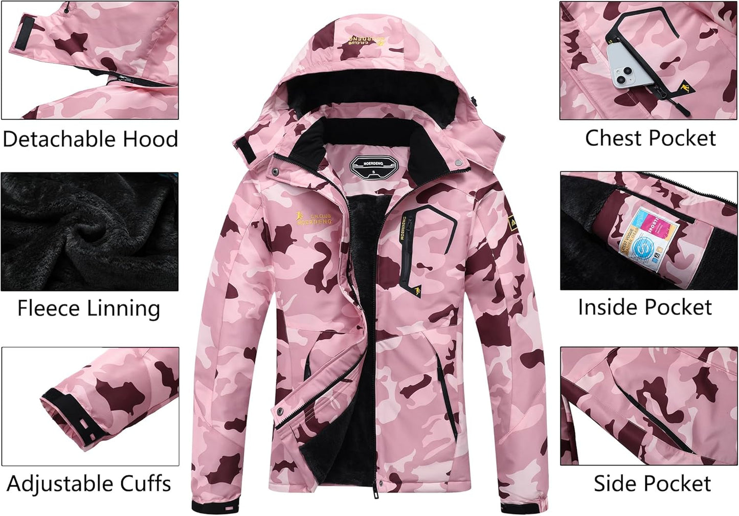 MOERDENG Women's Waterproof Ski Jacket Warm Winter Snow Coat Mountain Windbreaker Hooded Raincoat Jacket