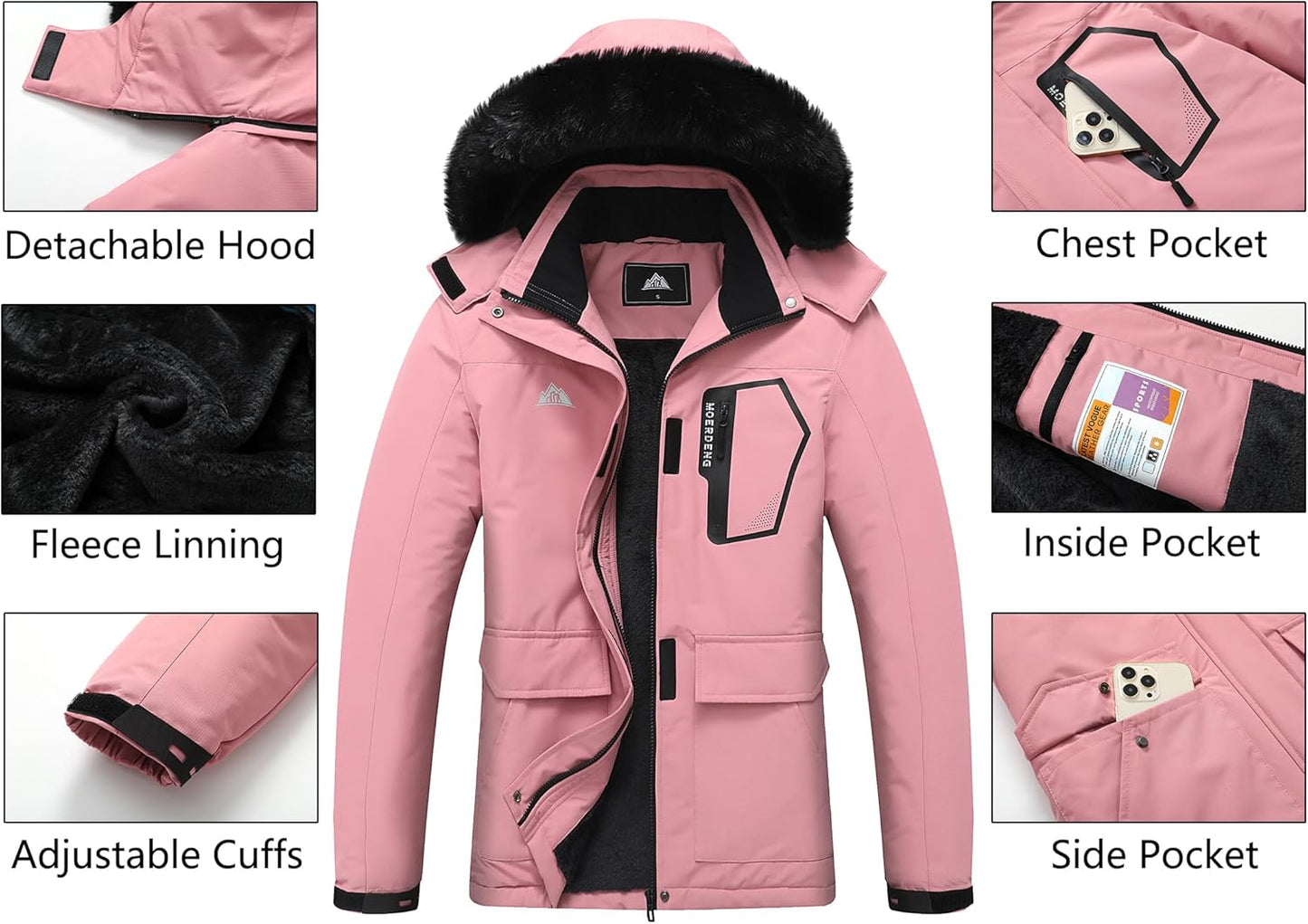 MOERDENG Women's Ski Jacket Waterproof Warm Winter Coat Hooded Snowboarding Jacket Versatile for Hiking & Winter Activities