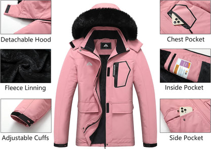 MOERDENG Women's Ski Jacket Waterproof Warm Winter Coat Hooded Snowboarding Jacket Versatile for Hiking & Winter Activities