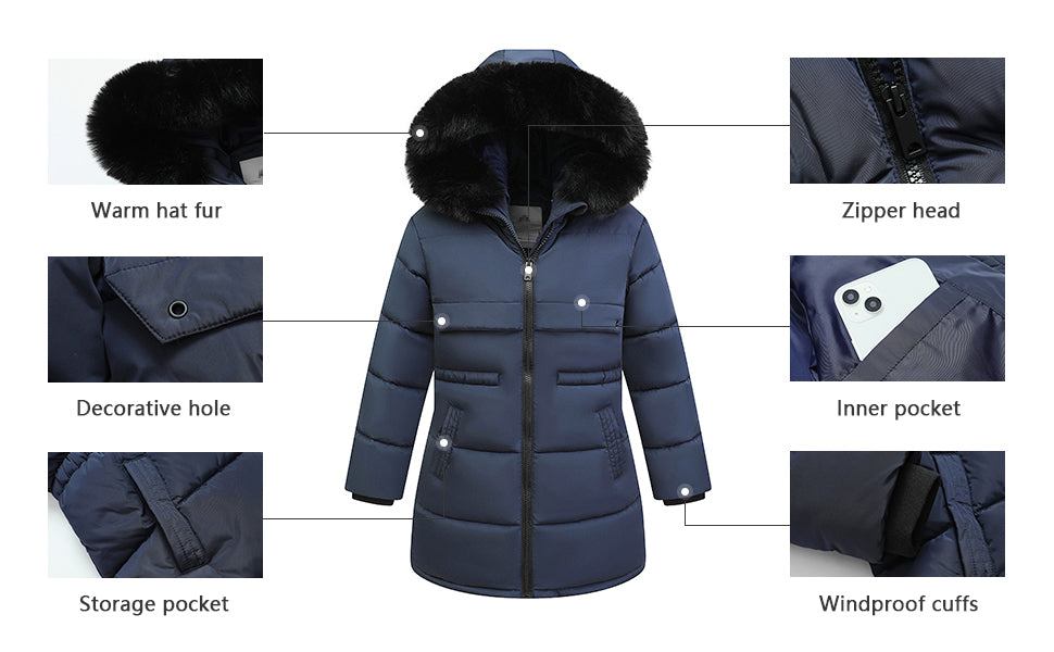 MOERDENG kids warm hooded parka for school commute and after-school snow play
