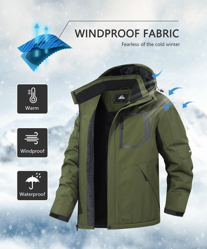 Men's Ski Jacket with Hooded Snowboarding Waterproof Fleece Lining Jacket Winter Coat Multi Pockets