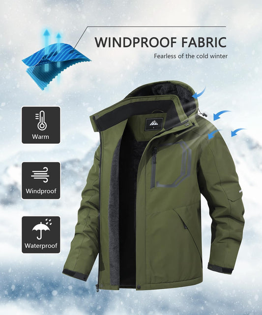 Men's Ski Jacket with Hooded Snowboarding Waterproof Fleece Lining Jacket Winter Coat Multi Pockets