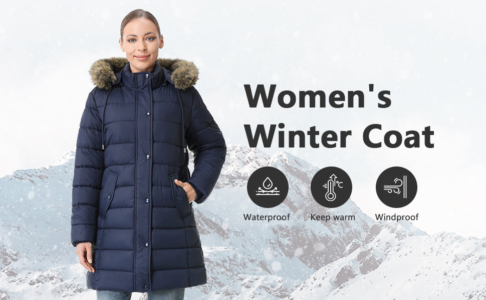 MOERDENG womens faux fur hood puffer coat for family winter walks and neighborhood dog walking
