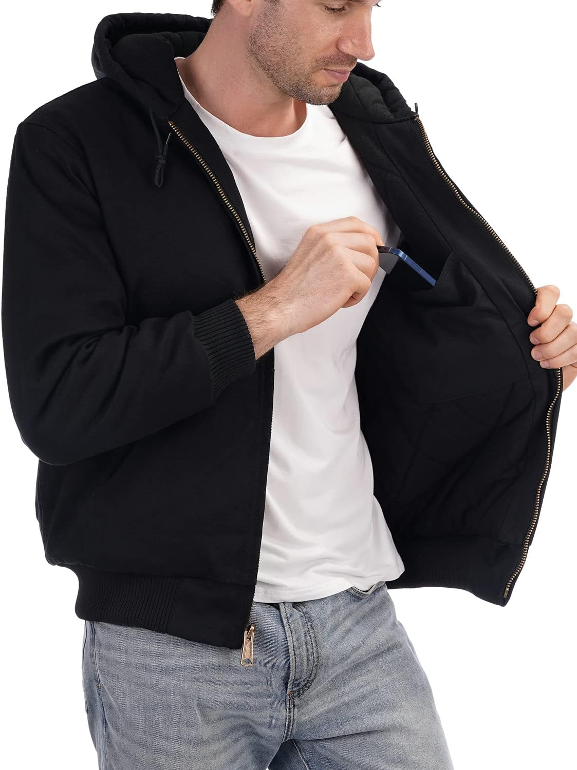 Men's Loose Fit Quilted Flannel Lined Workwear Waterproof Active Jacket Hooded Work Coat