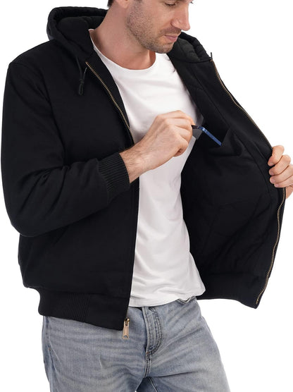 Men's Loose Fit Quilted Flannel Lined Workwear Waterproof Active Jacket Hooded Work Coat