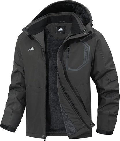 Men's Ski Jacket with Hooded Snowboarding Waterproof Fleece Lining Jacket Winter Coat Multi Pockets