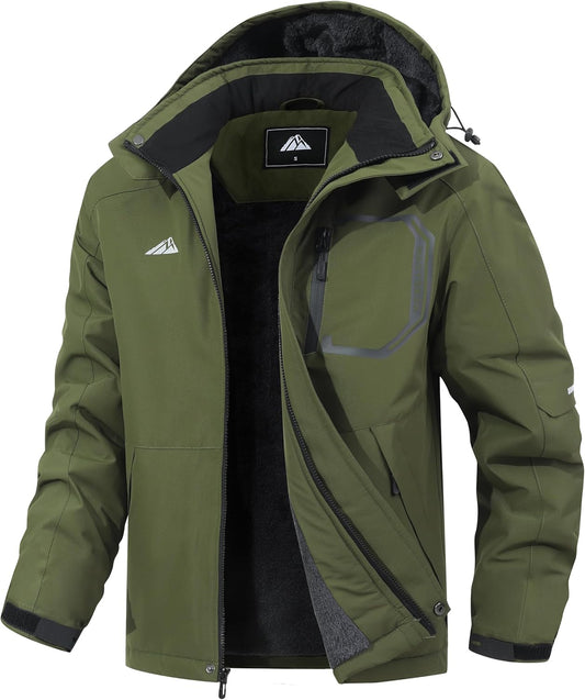 Men's Ski Jacket with Hooded Snowboarding Waterproof Fleece Lining Jacket Winter Coat Multi Pockets