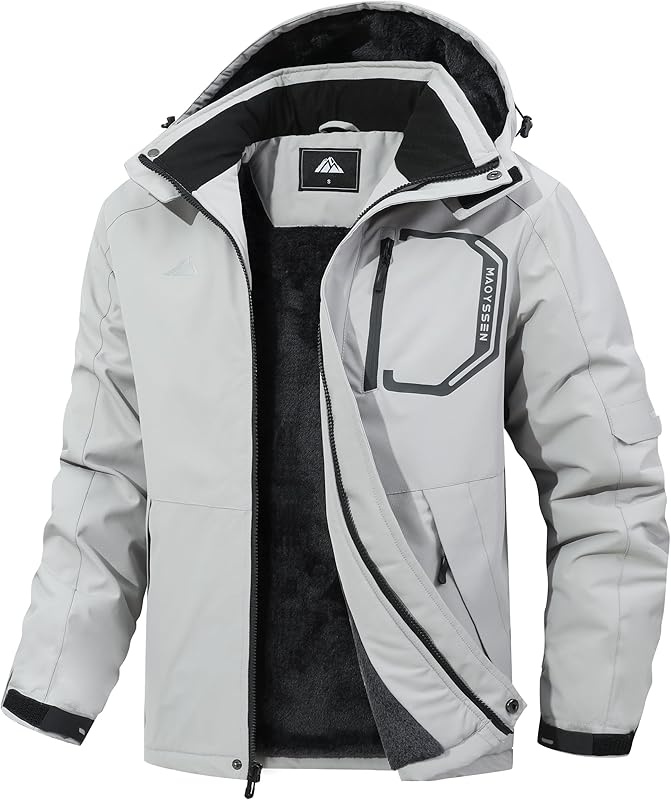 Men's Ski Jacket with Hooded Snowboarding Waterproof Fleece Lining Jacket Winter Coat Multi Pockets