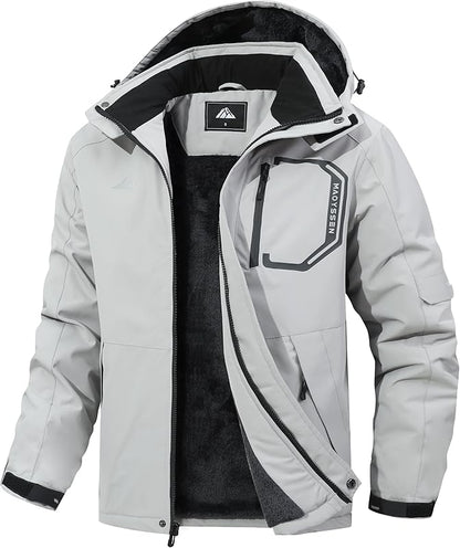 Men's Ski Jacket with Hooded Snowboarding Waterproof Fleece Lining Jacket Winter Coat Multi Pockets