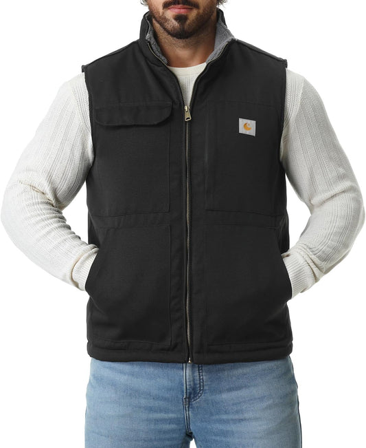 Men's Loose Fit Washed Duck Fleece-Lined Waterproof Workwear Mock-Neck Vest
